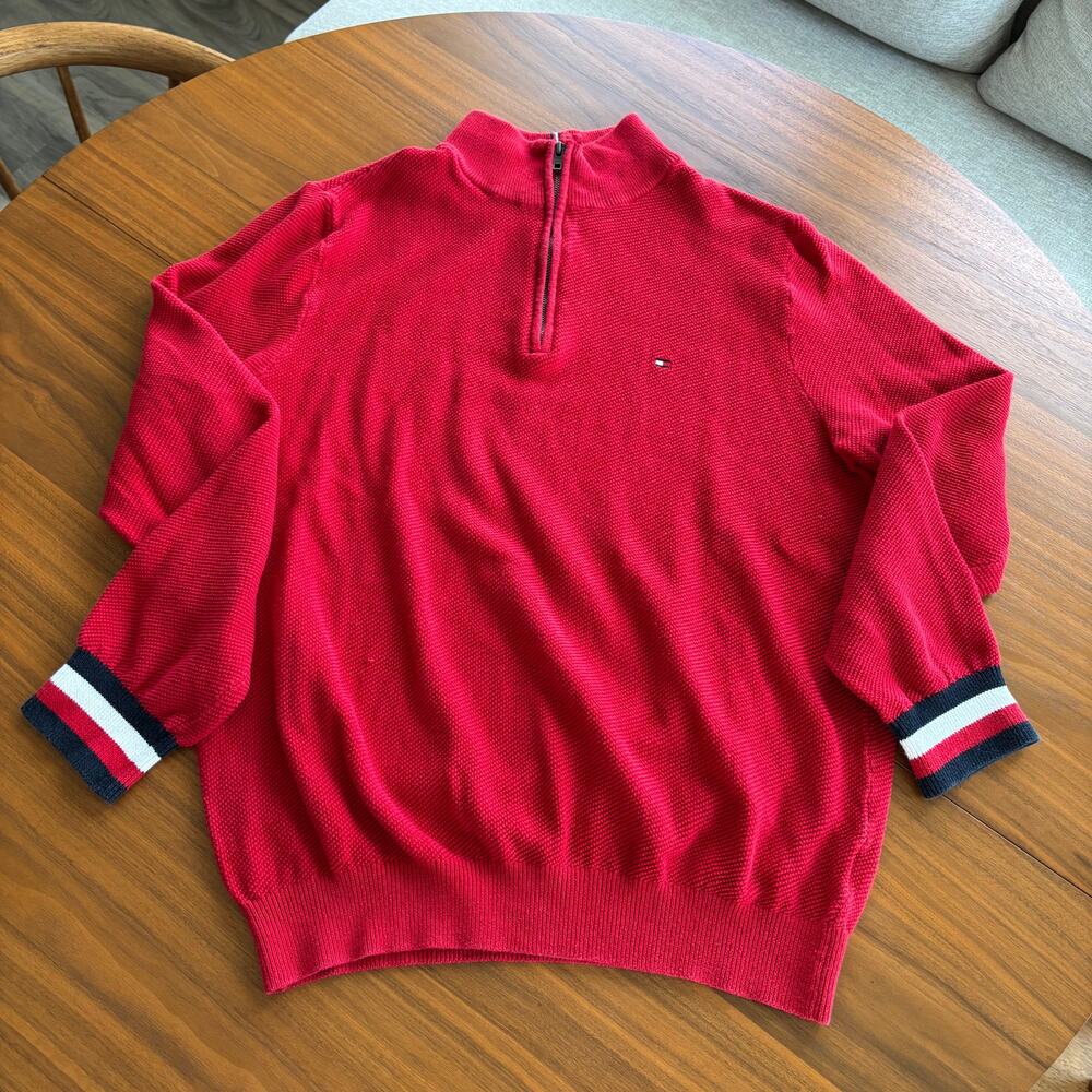 Tommy Hilfiger Quarter Zip Pullover Sweater Red 100% Cotton Mens Extra Large